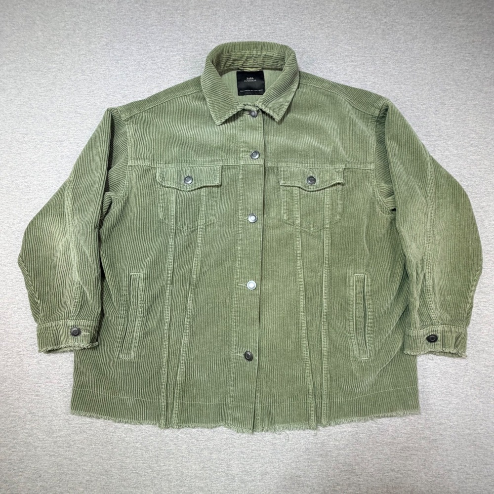 Zara Womens Large Sage Green Corduroy Button Front Raw Hem Oversized Jacket L